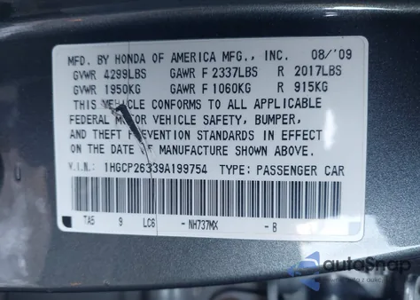 2009 Honda Accord 2.4 Lx from USA, damaged, VIN 1HGCP26339A199754